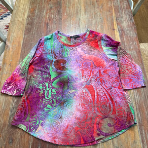 Caleaas Top Women's Petite XL Red Green Tie Dye Velvet